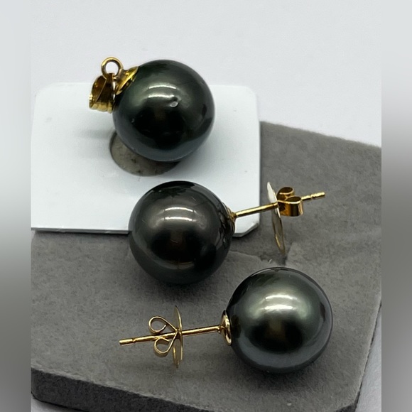 12.8mm South Sea Pearl Tahitian Blk Stud Earrings  with 13.2mm Pendant  … - Picture 10 of 15